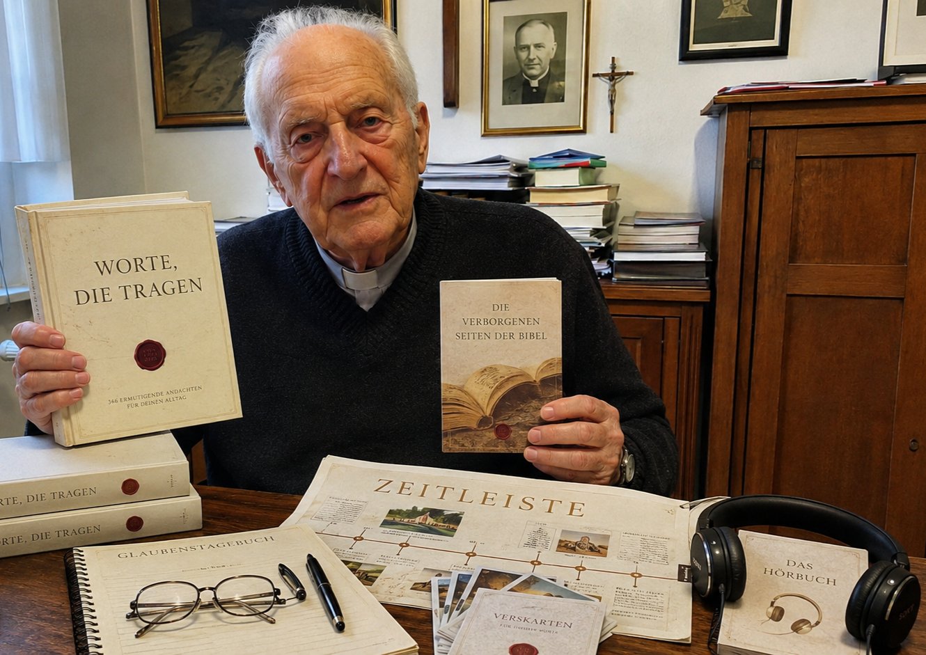 Das gesamte Paket „Worte, die tragen“ auf einem Wohnzimmertisch: das Hauptbuch, das Glaubenstagebuch, die verborgenen Seiten der Bibel, die Zeitleiste, die Verskarten und das Hörbuch.